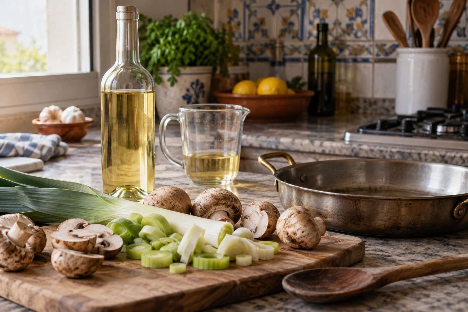Vino blanco seco para cocinar: elección, uso y una salsa de setas — Imagen 1 Botella sin etiqueta de vino blanco junto a setas y puerro sobre una mesa de cocina.